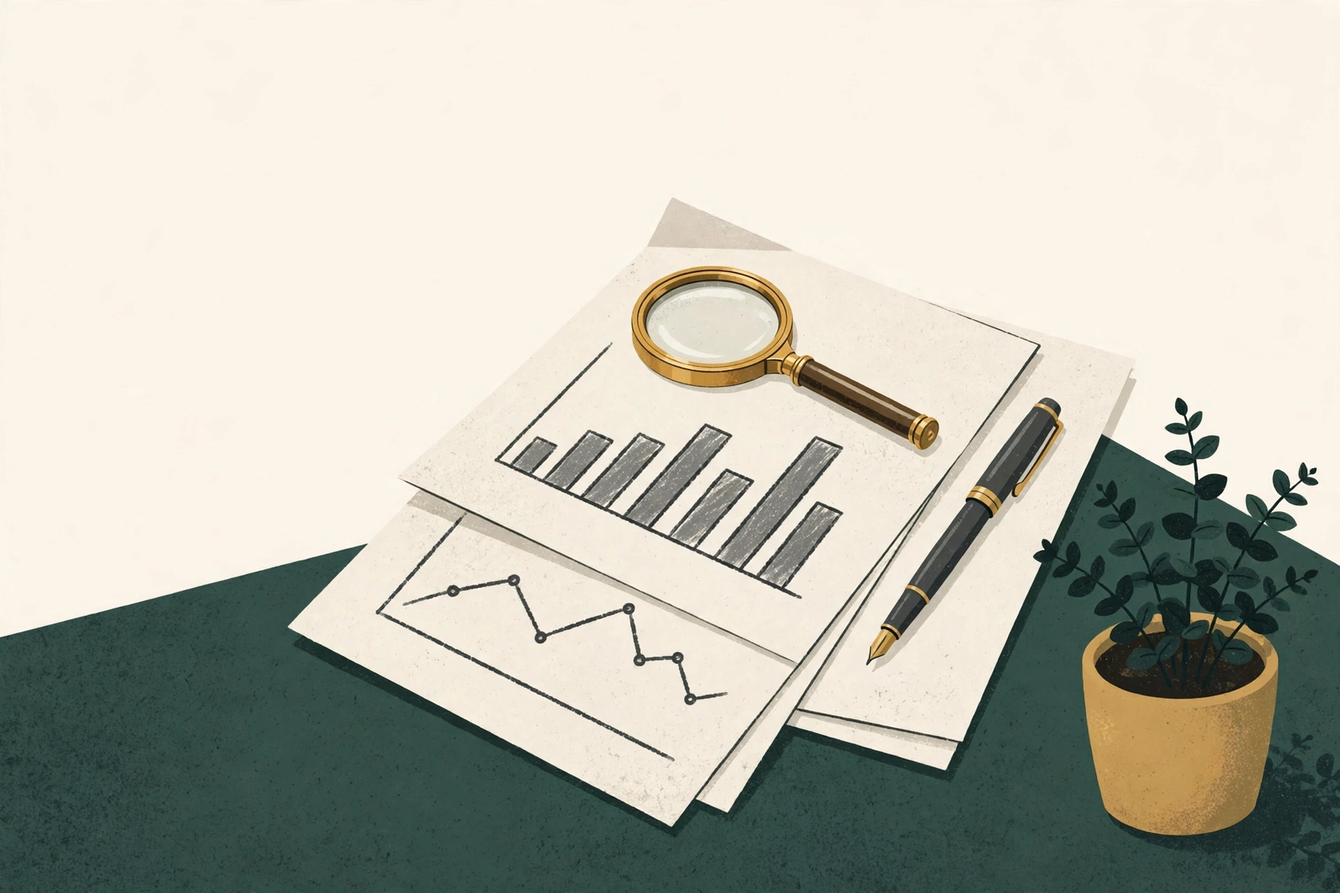 Illustration of research papers with charts, a magnifying lens and a fountain pen on a desk